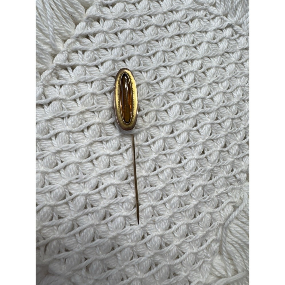 10K Yellow Gold Stick Pin Narrow Oval Amber Glass Tested 1880-1920s‎